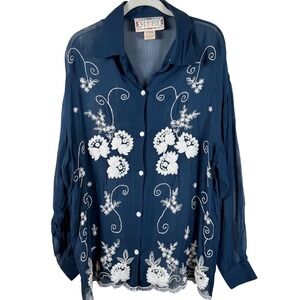 HYPE Navy Blue Rayon Embroidered Floral Sheer Button Up Shirt Top Size
